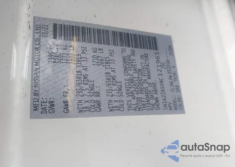 2022 Nissan Murano S Intelligent Awd z USA, uszkodzony, nr VIN 5N1AZ2ASXNC121965